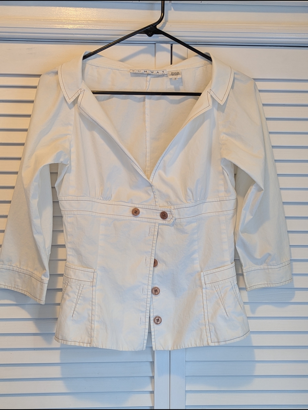 Runway White Button-Front Peplum Jacket 3/4 Sleeves Y2K Sz 4 Cotton